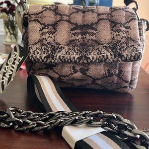 THINK ROYLN Snake Print Crossbody Bag - Black and Cream
